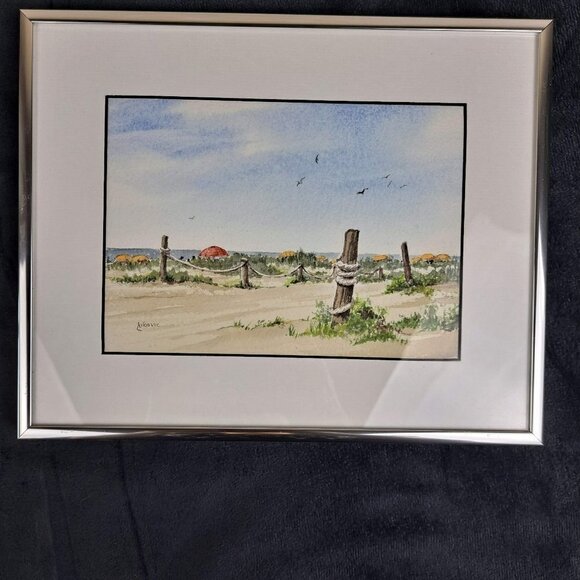 Watercolor Print Beach Scene Silver Frame w/Glass Artist Signed Lukovic - Picture 1 of 7